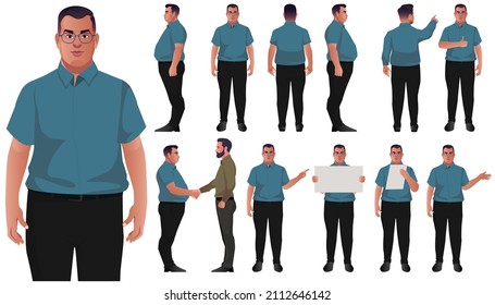 set of fat business men vector characters design diffrent posses front back and side view real character style