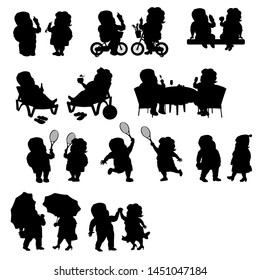 Set - a fat couple in different situations. Black silhouette