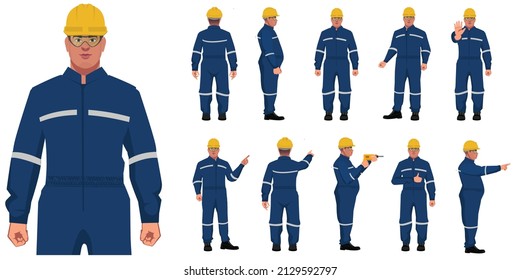 set of fat  factory worker man different posses flat style illustration isolated on white background