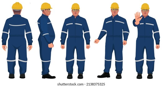 set of fat  factory worker man different posses flat style illustration character