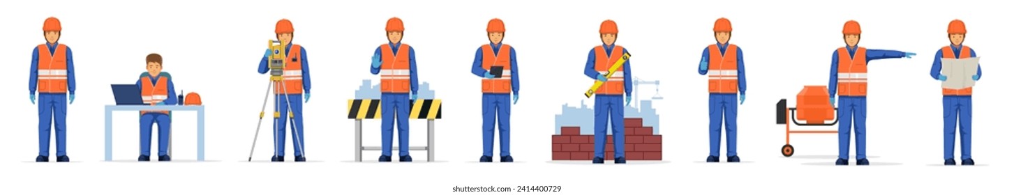 Set of fat factory worker man different posses flat style