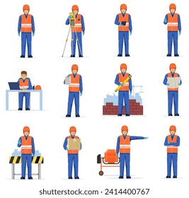 Set of fat factory worker man different posses flat style