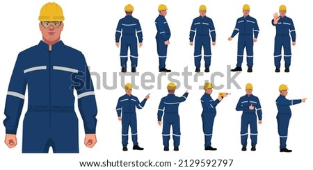 set of fat  factory worker man different posses flat style illustration isolated on white background