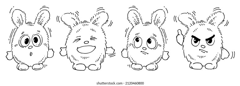 Juego de liebre gorda y graciosa. Animado animal salvaje. Un personaje cómico. Esbozo. Dibujo manual aislado en fondo blanco. Vector.