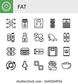 Set of fat icons. Such as Donut, Packet, French fries, Bathroom scale, Crisps, Chocolate, Vitamins, Walrus, Cheeseburger, Butter, Metabolism, Nose bleeding , fat icons