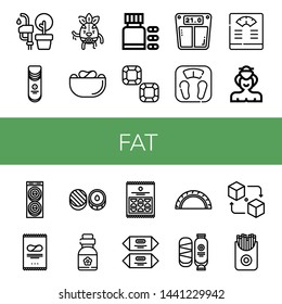 Set of fat icons such as Vegetable oil, Crisps, Wrestler, Vitamins, Chocolate, Bathroom scale, Sumo, Donut, Cheburek, Packet, French fries , fat