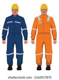 conjunto de trabajadores industriales gordos con personajes uniformes naranja y azul con fondo blanco