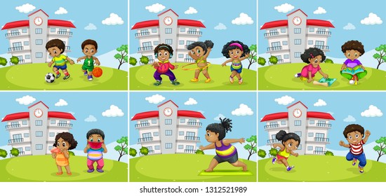 Set of fat kids exercise illustration