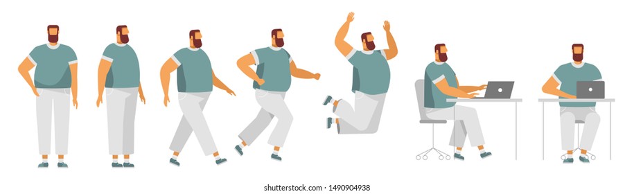 Set of fat man in different poses. Male character for your design project, animation. Vector trendy illustration, flat design. White background, isolated. Boy walk, stand, run, jump, sit