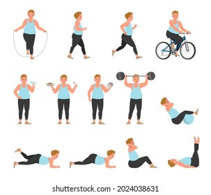 Set of fat man with overweight doing exercises character vector design