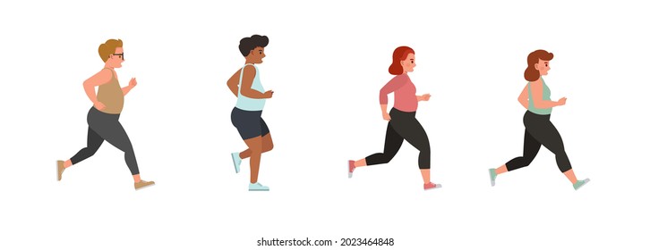 Set of fat man and woman running character vector design. Group of people jogging exercising together.