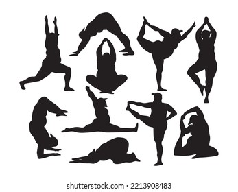 Set of fat man yoga. Collection of silhouette chubby man human doing exercise. Body Positive. Healthy life. Namaste. Vector illustration on white background.