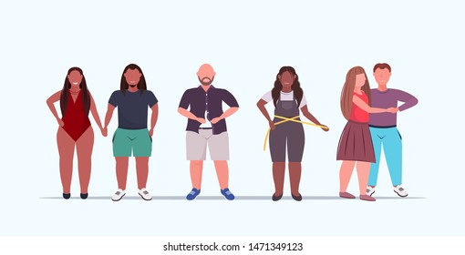 set fat overweight people group standing together standing together obese over size mix race men women unhealthy lifestyle obesity concept full length flat horizontal