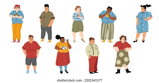 Set Of Fat People, Body Positive, Unhealthy Eating, Bad Habits Concept. Overweight People With Fast Food Addiction, Characters Obesity, Plus Size Fashion, Cartoon Linear Flat Vector Illustration