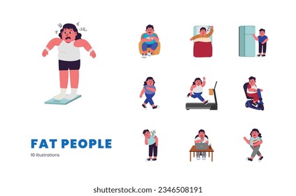 Set of Fat people overweight plus size obesity activity illustration set