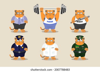 A set of fat red serious disgruntled cats. Puss are an office worker, a weightlifter, a bandit, a policeman, a doctor and a military