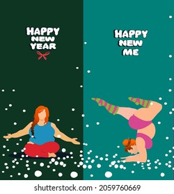 Set: fat, slimming women do yoga exercises in the fresh air. Snow is falling. Multicolored background. The inscription, the text on the card: "Happy New Year", "Happy new me".Healthy lifestyle