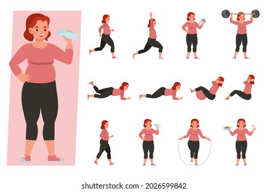 Set of fat woman with overweight doing exercises character vector design. Presentation in various action with emotions, running, standing and walking.