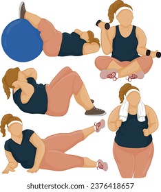 Set of fat woman with overweight doing exercises character. Presentation in various action with emotions, running, sit lying down and walking. Vector illustration