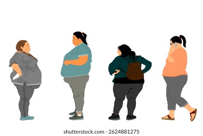 Set of fat woman shape vector illustration isolated. Female overweight person health trouble. Big girls think about food. Lady weight loss activity. Losing weight health care. Big belly. Fat family.