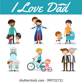 set of father and Child isolated on white background, i love dad, Happy father Day, father and child, father with kid. Vector illustration