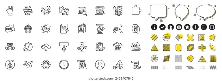 Set of Father day, Prescription drugs and Eco power line icons for web app. Design elements, Social media icons. Bid offer, Horns hand, Search calendar icons. Vector