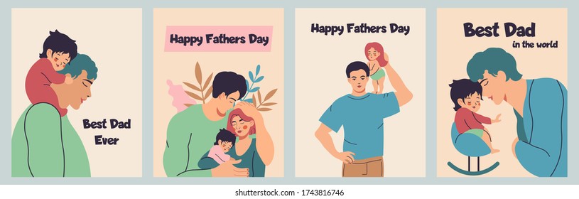 Set Father and little son or daughter sitting on his shoulders or hug with lettering best dad ever, happy father day. Flat vector postcard for Fathers day. Greeting card with text