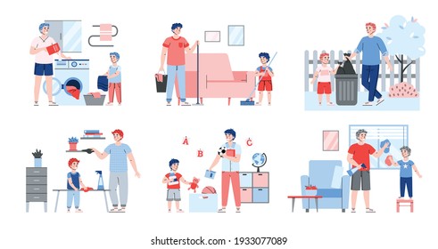 Set of father and son characters busy with chores in house and garden, cartoon vector illustration isolated on white background. Childrens household chores and help.