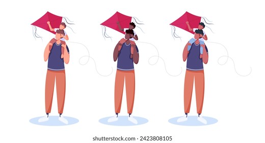 Set of father and son in different ethnicities flying the kite. Family outdoor activity. Playing with wind toy. Flat style vector illustration.