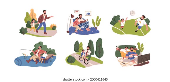 Set Of Father And Son Spending Leisure Time Together. Dad And Child Playing, Reading, Fishing, Watching TV And Walking. Scenes With Daddy And Kid. Flat Vector Illustration Isolated On White Background