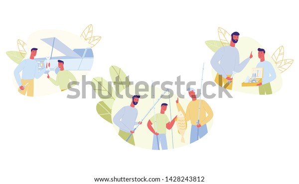 Set Father Teaches Son Masculine Skills Cartoon.\
Father and Son Repairing Car Together. Grandfather with an Adult\
Son and Grandson are Fishing. Father Teaches his Son to Use Repair\
Tools.