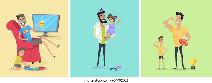 Set of fatherhood conceptual vector banners. Flat design. Smiling man playing in barber, sports, resting at home with his son and daughter. Father day celebrating. Family values and relationships.