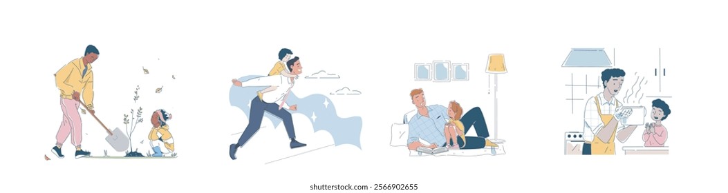 Set of fatherhood. Scenes with fathers with sons and daughters. Family spending time together. Good relationship between parents and children. Parenthood and childhood. Linear vector illustration