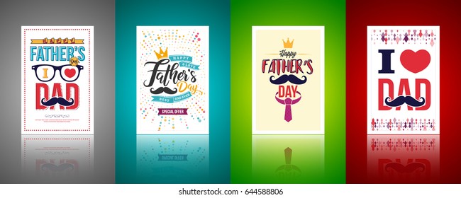 Set of Father's day Brochures,Poster or Banner in vintage style.Set of Happy Fathers day Greeting Card with different Background color.Vector of Love Dad Concept.