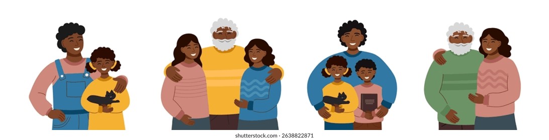 Set of fathers day cliparts. Father and children. Concept of family, generation, holiday celebration. Vector hand drawn template.
