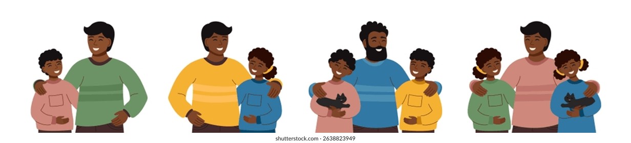 Set of fathers day cliparts. Father and children. Concept of family, holiday celebration. Vector hand drawn template.