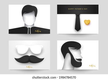 Set of father's day concept composition in minimalistic modern paper cut style. Collection background templates for card, banner, poster, cover. Bright design element. Creative vector illustration.