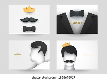 Set of father's day concept composition in minimalistic modern paper cut style. Collection background templates for card, banner, poster, cover. Bright design element. Creative vector illustration.