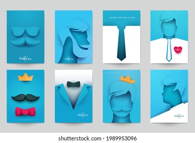 Set of father's day concept composition in minimalistic modern paper cut style. Collection background templates for card, banner, poster, cover. Bright design element. Creative vector illustration.