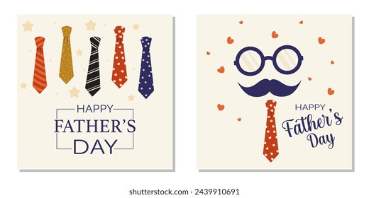 Conjunto de fondo de saludo del Día del Padre con corbatas, bigote y corazones rojos. Ilustración vectorial para carteles, banners, materiales promocionales y tarjetas.

