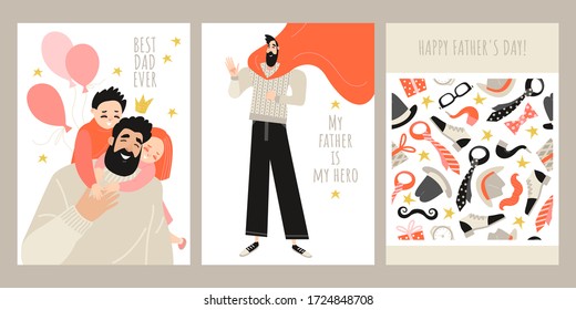 Set of fathers day greeting card templates with cute characters of daddy with children, dad-superhero and seamless texture from men's accessories and gifts. Vector illustration in a flat style.