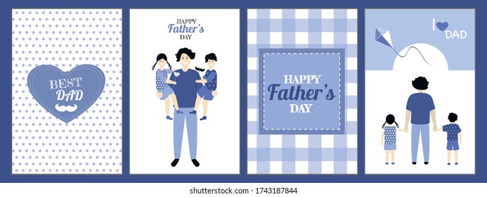 Set of Father's day  Greeting Card , brochures, poster or banner in flat style in blue colour. Vector of love dad  and Fathers day Concept, happy family, father and two children