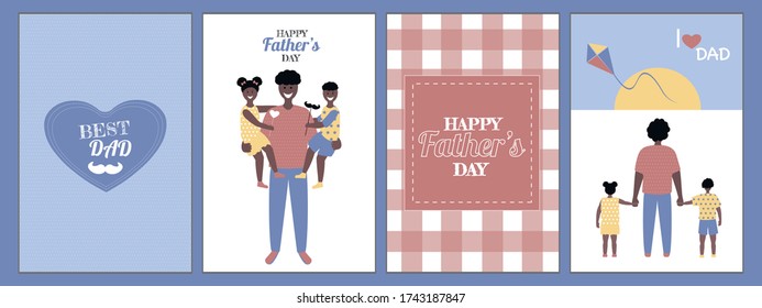 Set of Father's day  Greeting Card , brochures, poster or banner in flat style.  Vector of love dad  and Fathers day Concept, happy african american family, father and two children