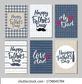 Set of Father's day greeting cards and posters with hand drawn lettering. Collection of textured Happy Father's day brochures in vintage style.