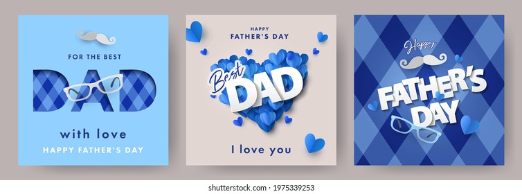 Set of Father's Day greeting cards in modern paper cut style. Fathers Day holiday illustration for greeting banner, fashion ads, poster, flyer, social media, promotion and sale