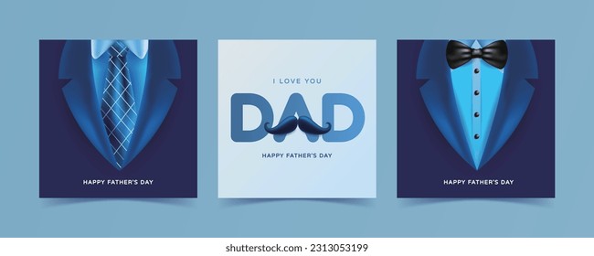 Set of father's day greeting cards with suit and mustache decoration. Vector illustration.