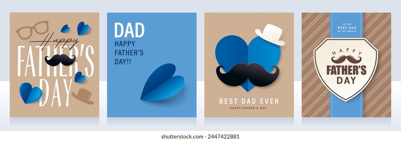 Set of Father's Day greeting cards in modern paper cut style. Vector illustration for cover, poster, banner, flyer and social media.
