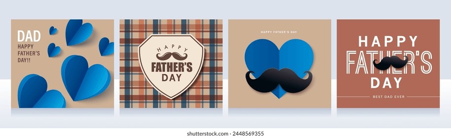 Set of Father's Day greeting cards in modern paper cut style. Vector illustration for cover, poster, banner, flyer and social media.