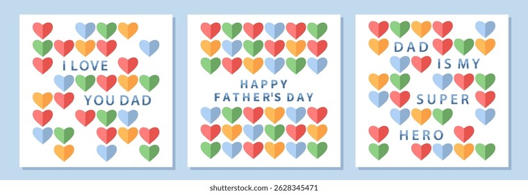 Set of Father's Day greeting cards. Minimalistic bright cards with colorful hearts. Holiday vector illustration for banner, template, poster, flyer