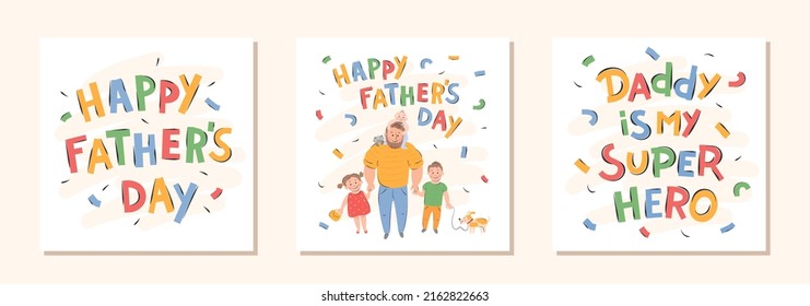 Set of Father's Day greeting holiday cards. Happy father with kids, cat, dog. Vector illustration